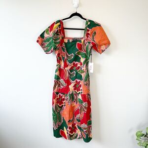 Crystal Sky Puff Sleeve Smocked Floral Midi Dress Tropical Size 1X NWT's